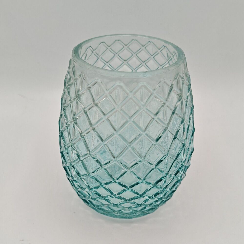 Aqua Blue Glass Votive Tealight Candle Holder Diamond Lattice Textured 4.5"